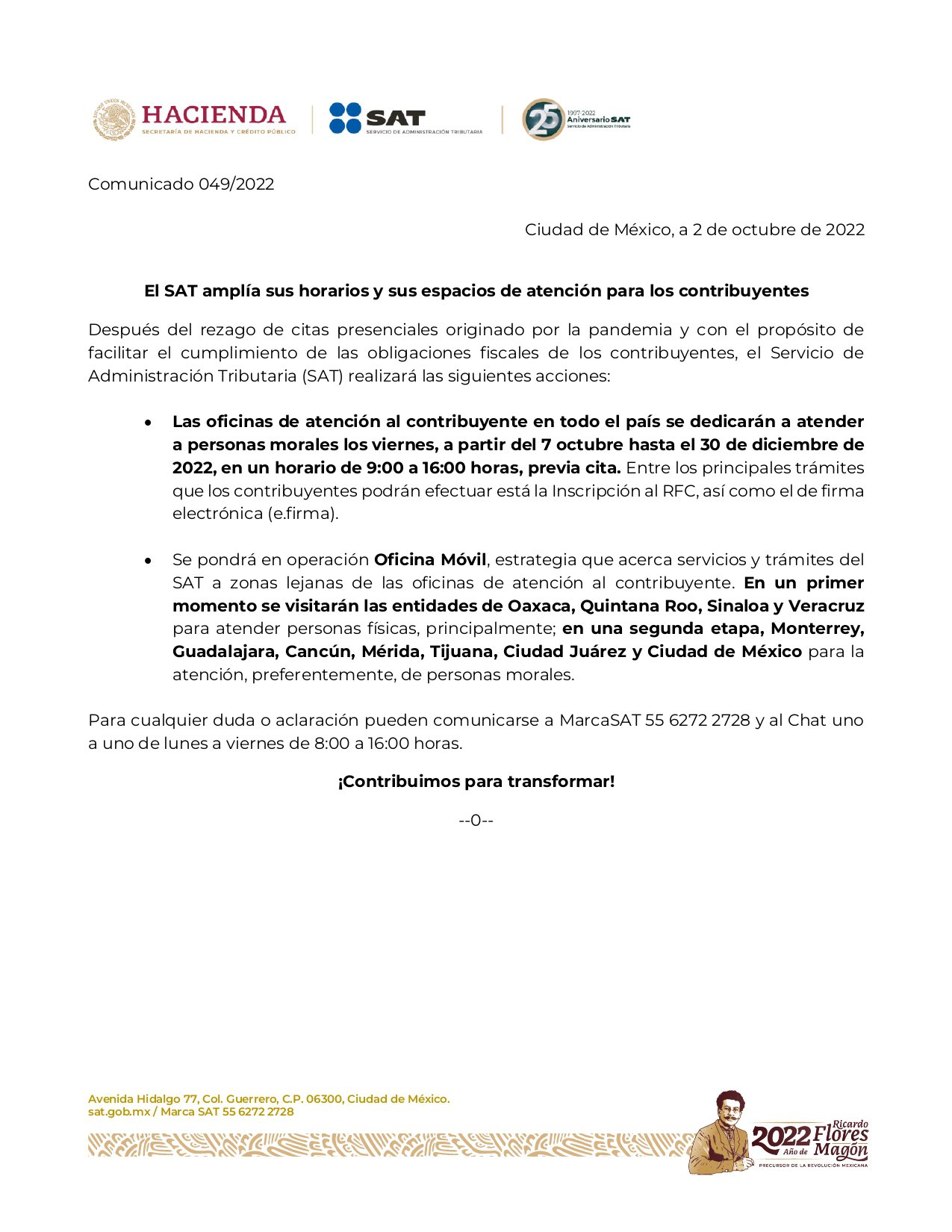 Comunicado de prensa SAT - Ampliación de horarios